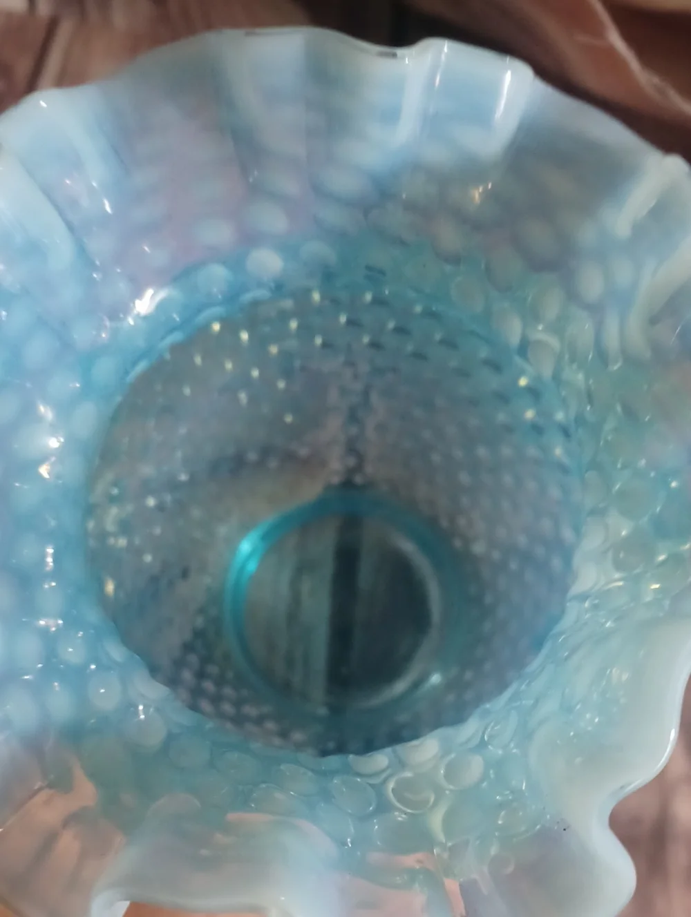 (2))Vintage Fenton Blue Hobnail Vase Crimp Ruffled Edges